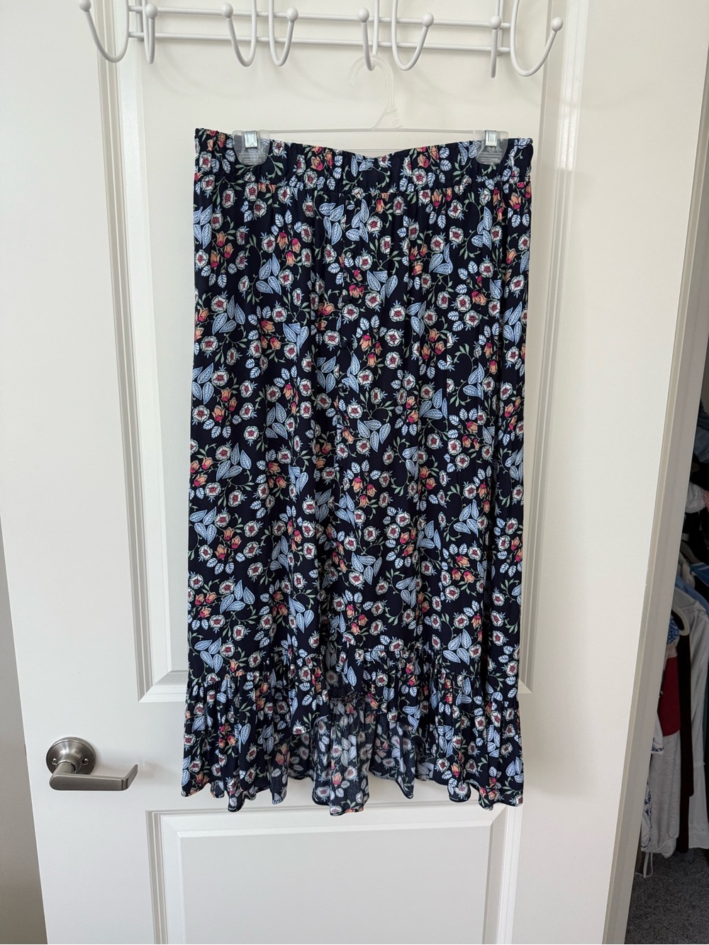 LOFT Navy Midi Skirt with Pink & Light Blue Floral Print